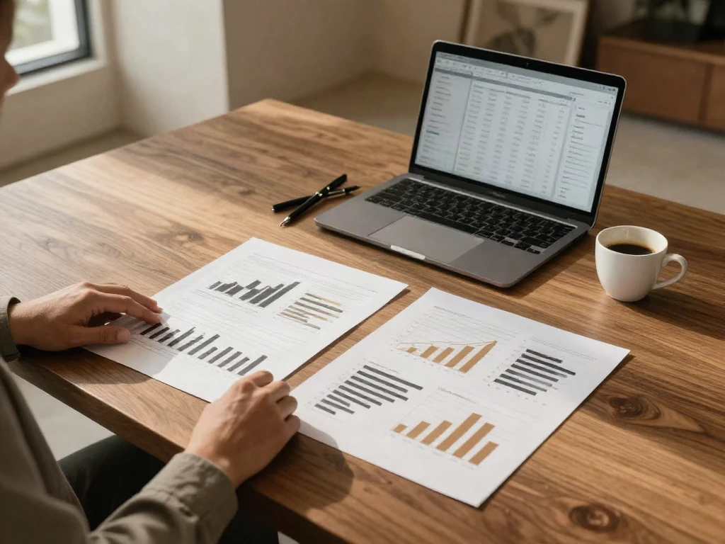 A consultant examining printed business analytics and performance charts at a warm wood desk